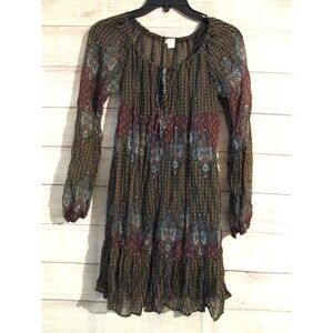 Boho Dress Xhilaration Womens Size Small Ruffle Tie Neck Long Sleeve Lined Brown